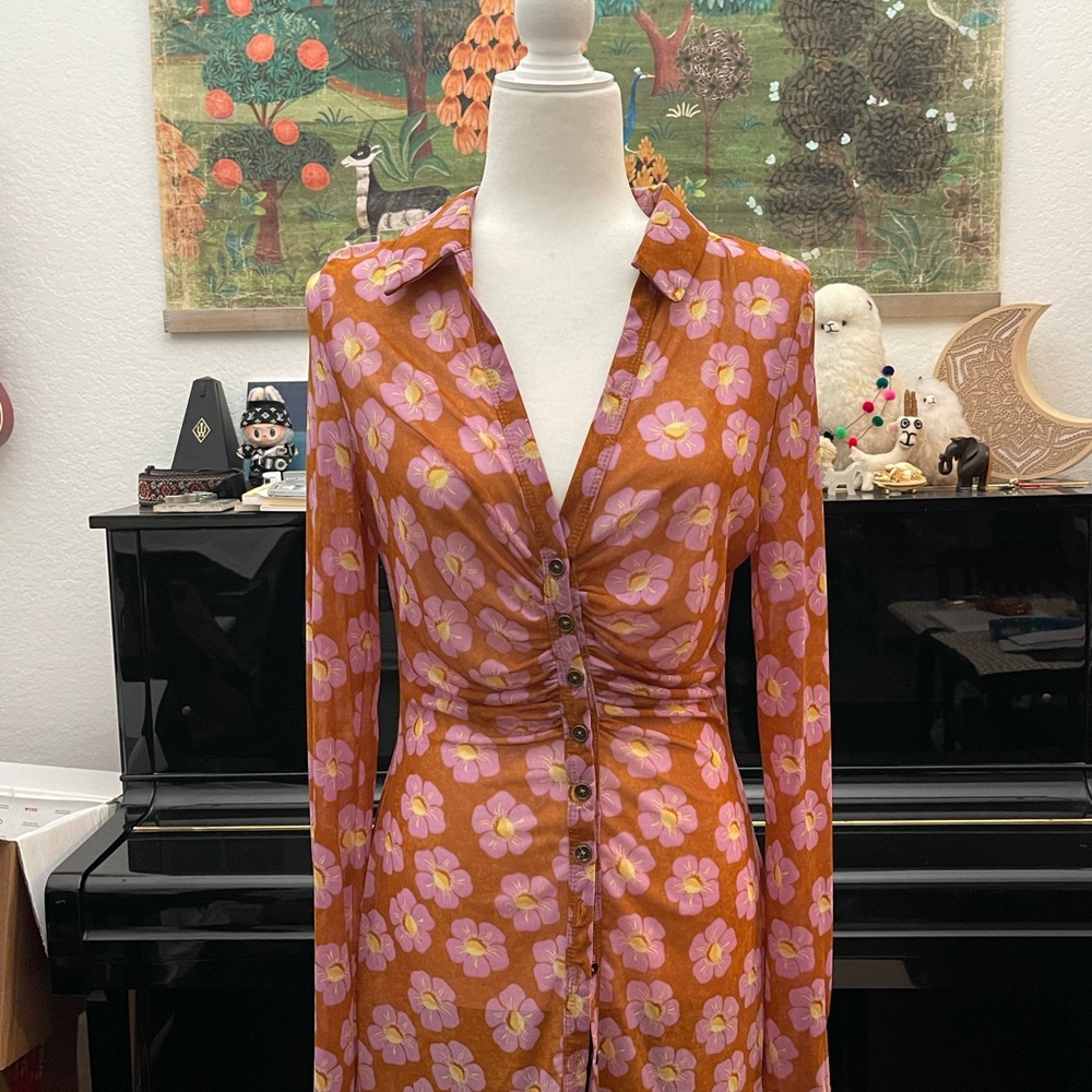 Free People Pink and Orange Floral Blouse